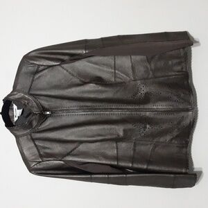 Hygard leather knit jacket coat women 1X full zip casual brown office boho Y2K